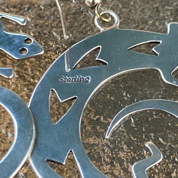 Large vintage sterling silver gecko lizard sterling silver dangle earrings - Picture 3 of 4